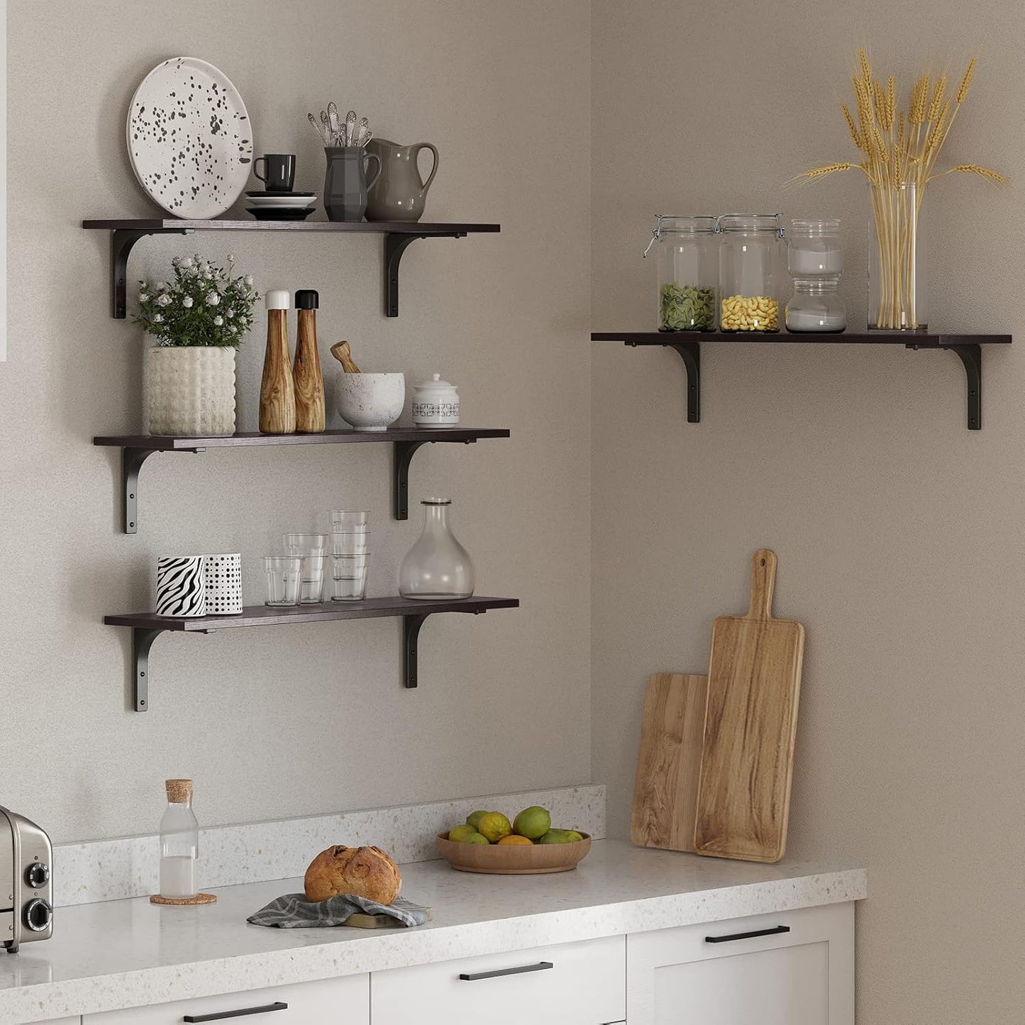 DINZI LVJ Long Wall Shelves, 23.6 Inch Wall Mounted Shelves Set of 2, Easy-to-Install, Wall Storage Ledges with Sturdy Metal Brackets for Living Room, Bathroom, Bedroom, Kitchen, Espresso