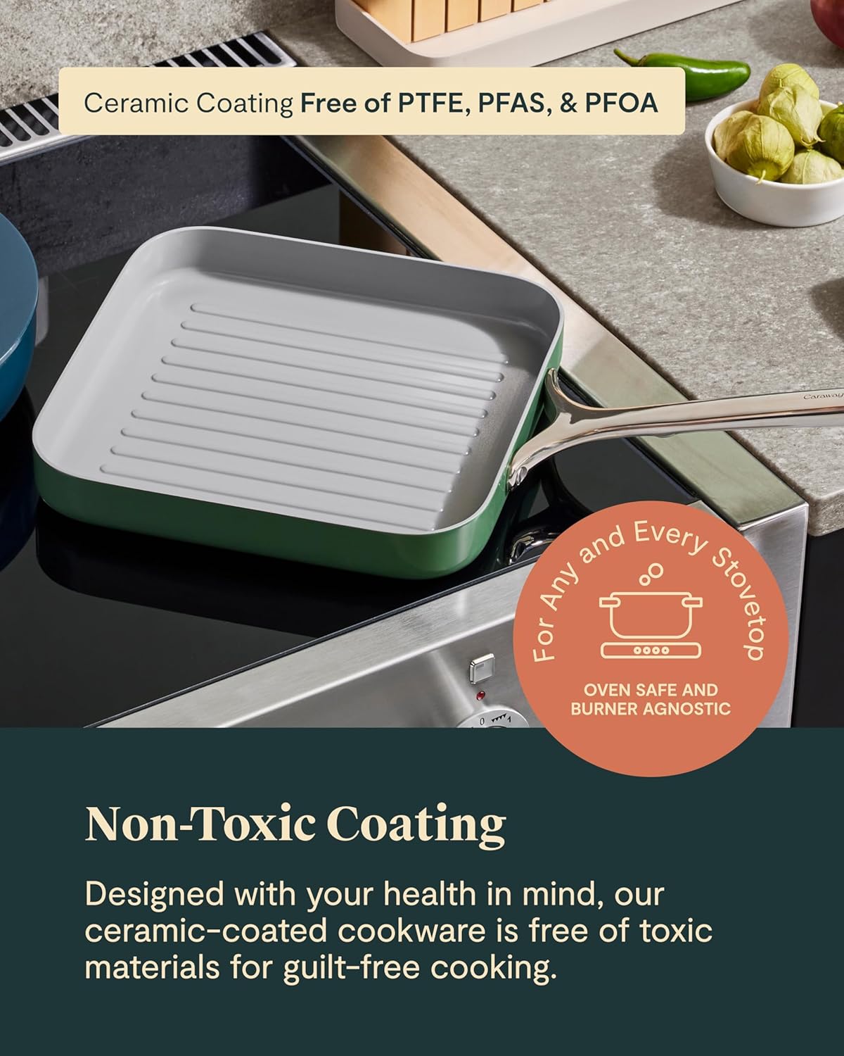 Caraway Square Grill Pan - 11” Grill Pan - Non-Stick Ceramic Coated - Non Toxic, PTFE & PFOA Free - Oven Safe & Compatible with All Stovetops - Navy