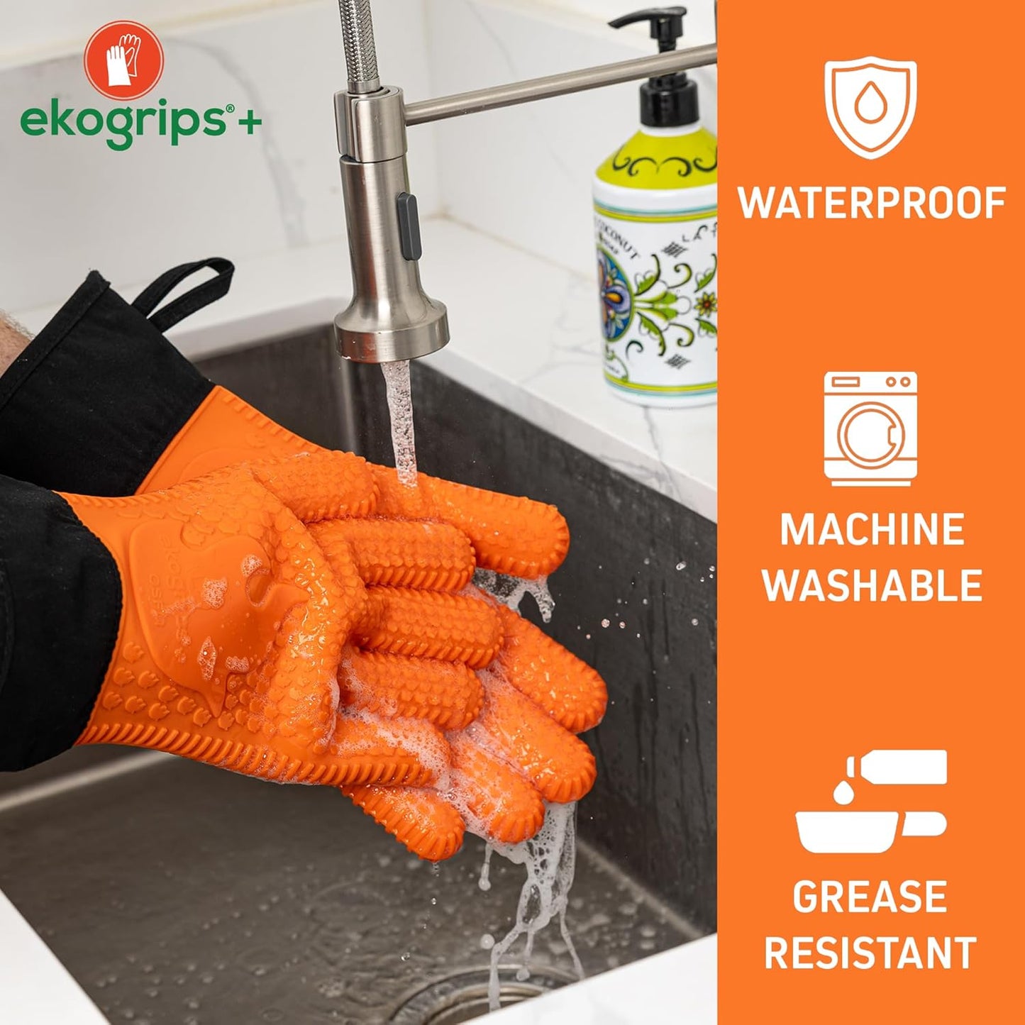 Ekogrips Plus Oven Gloves with Fingers, Comfy Waterproof Silicone Oven Mitts Heat Resistant with Long Cuff, Insulated BBQ Gloves Perfect for Grilling, Baking, Smoker, Canning, and Pizza, Grey, OSFM