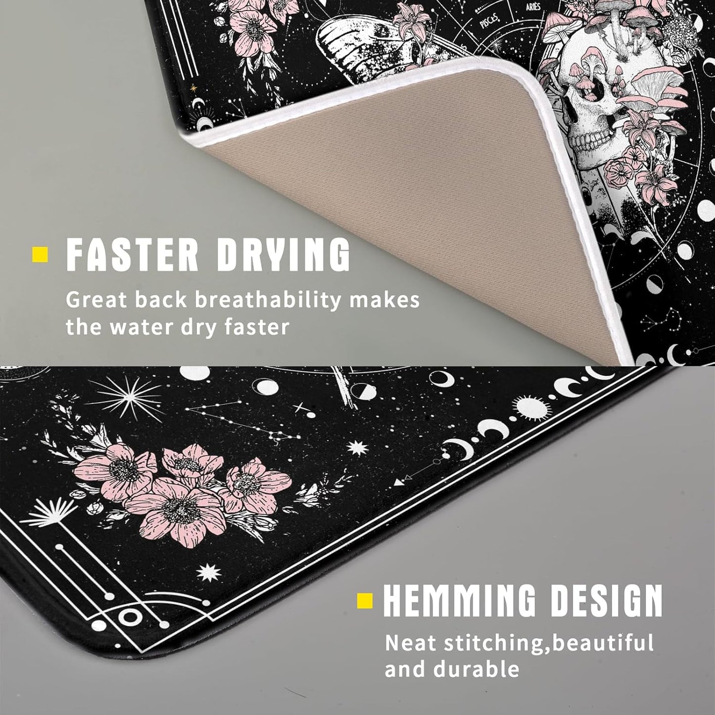 Skeleton Butterfly Dish Drying Mat Black Skull Absorbent Dish Drainer for Kitchen Counter Holiday Decor