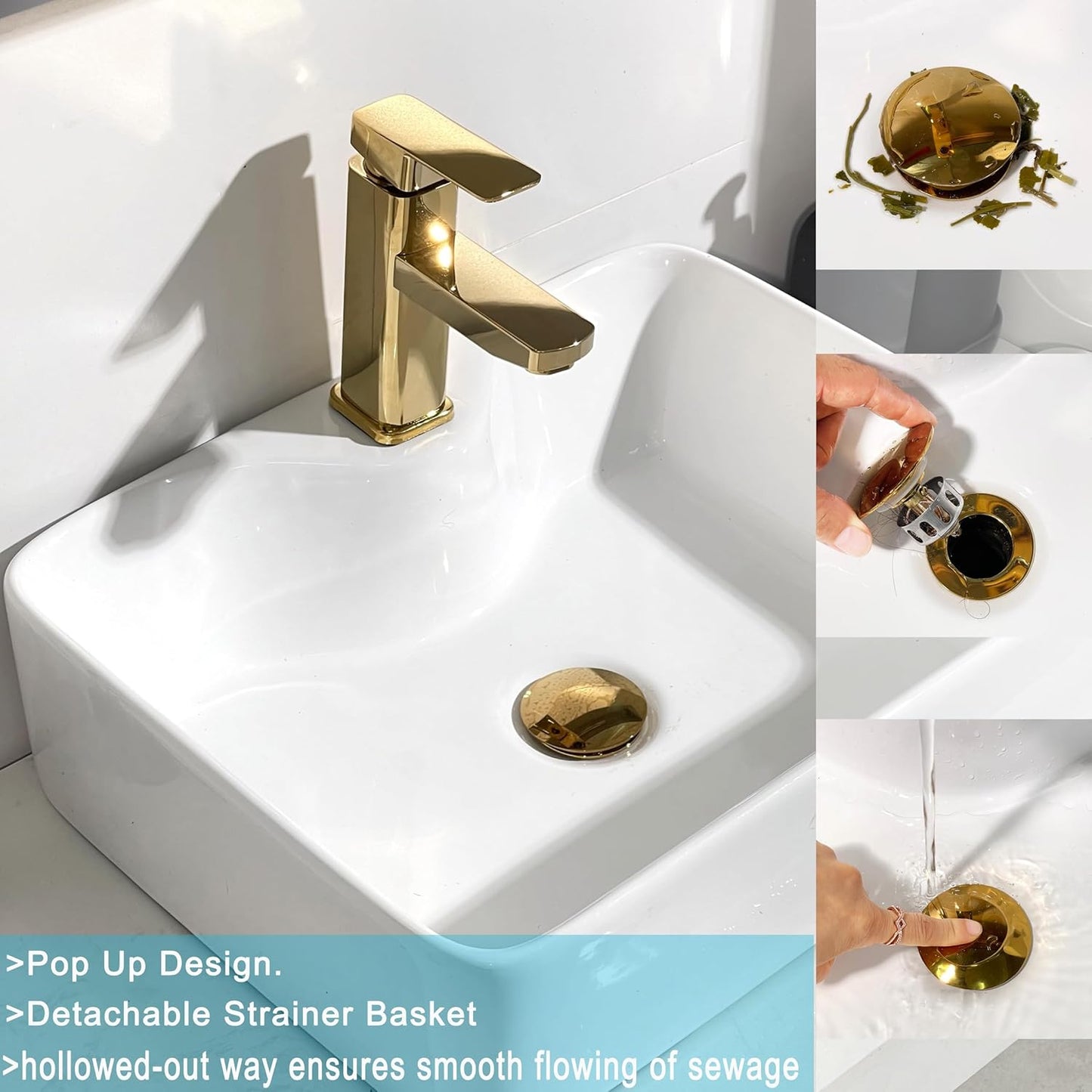 Bathroom Sink Drain, Gold Drain Stopper Bathroom Sink with Overflow,Pop Up Drain Assembly with Detachable Strainer Basket,Built-in Anti-Clogging Strainer,Stainless Steel