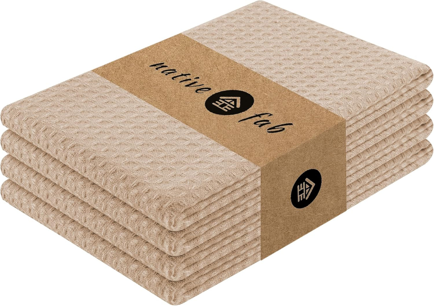 Native Fab Cotton Kitchen Towel with Hanging Loop 16x26 inches, 4-Pack, Waffle Weave Kitchen Towels for Cleaning Drying, Washcloths Soft & Absorbent Cloth Rags, Bar Towel, Dish Cloth, Beige