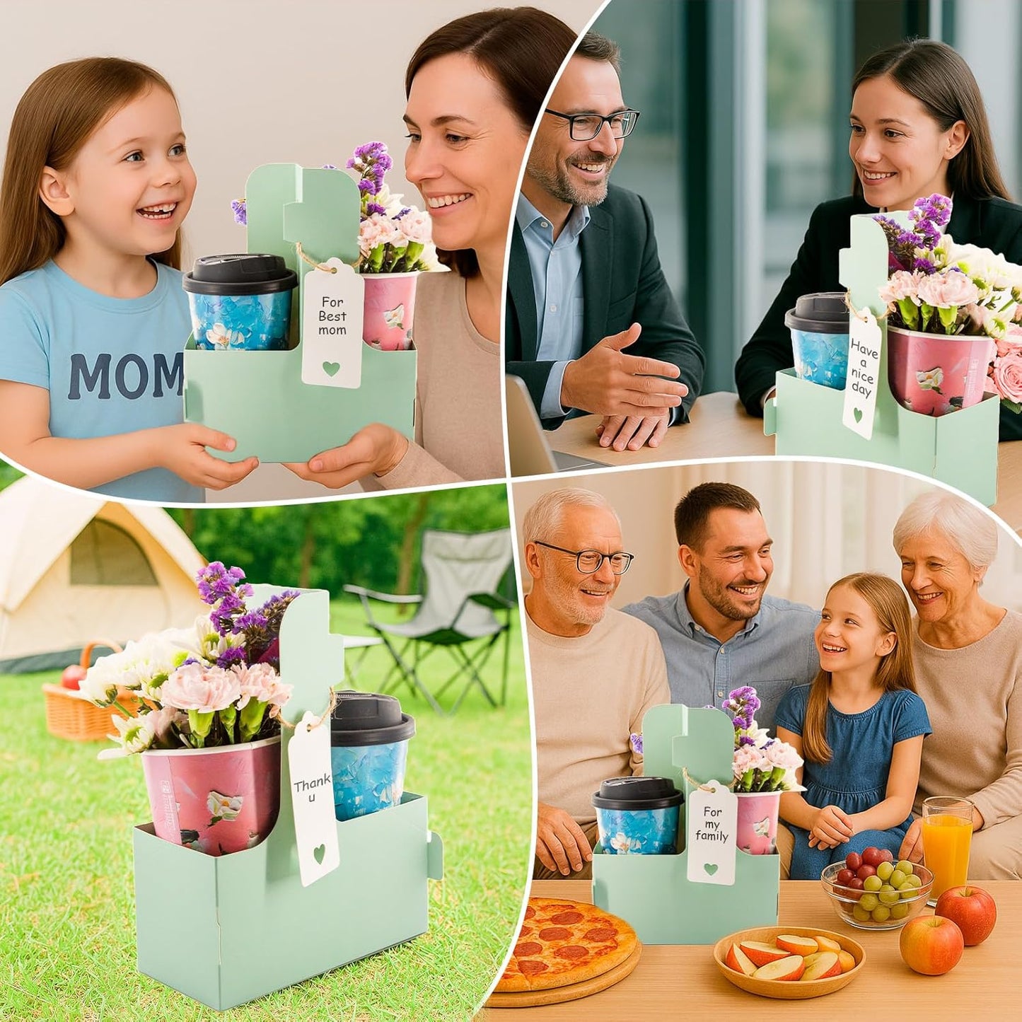 10 Pack 2 Cup Disposable Drink Carrier with Handle Paperboard Coffee Cup Holder Portable for Hot Cold Drinks Food Delivery Services with Heart Card for Teacher Appreciation Week Mother's Day