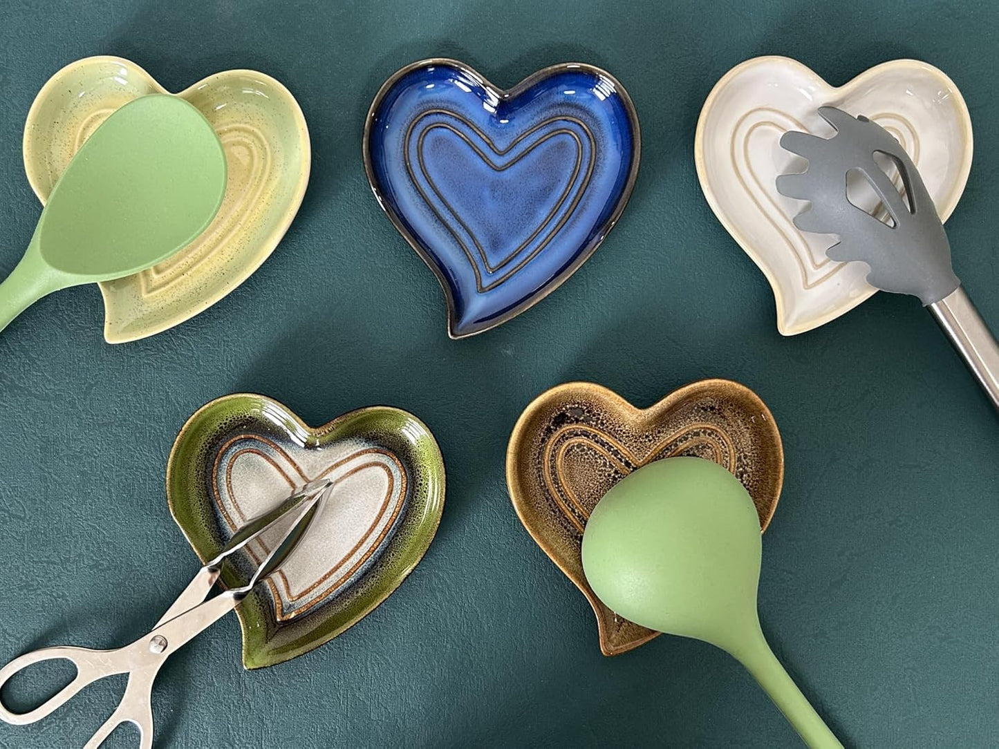 Ceramic Spoon Rest for Stove Top, Heart Cute Spoon Rest for Kitchen Counter, Cooking Spoon Holder for Kitchen Counter, Utensil Rest Spatula Rest Ladle Holder Tong Rest (Retro Sapphire)