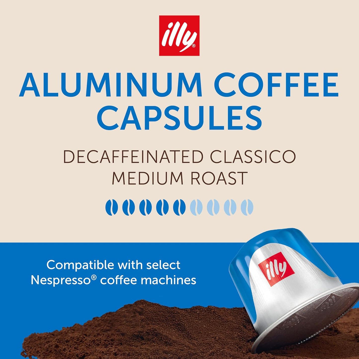 illy Aluminum Espresso Capsules - Compatible with Nespresso Machines - Decaf Coffee - Mild & Balanced - Notes of Caramel and Chocolate - Single Serve Capsules - 10 Count (Pack of 5)