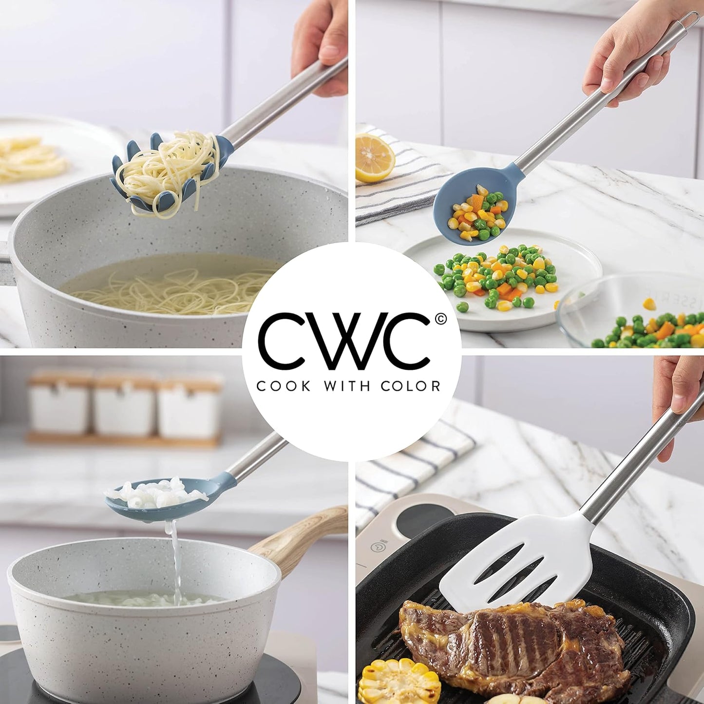 COOK WITH COLOR Silicone Cooking Utensils, Kitchen Utensil Set, Easy to Clean Silicone Kitchen Utensils, Cooking Utensils for Nonstick Cookware, Kitchen Gadgets Set, 5 Pieces, Blue and White