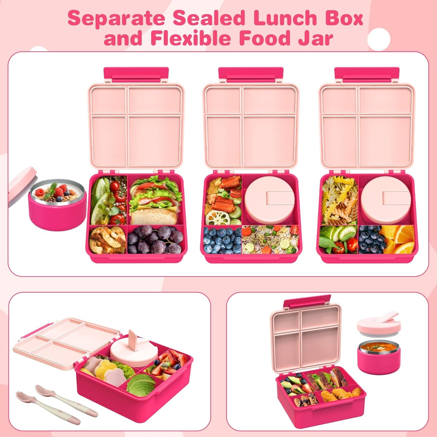 Bento Lunch Box with 8oz Soup Thermo, Kids Leakproof Lunch Food Containers with 4 Compartment, Kids Thermo Insulated Hot Food Jar for School, Trvael - (Pink)