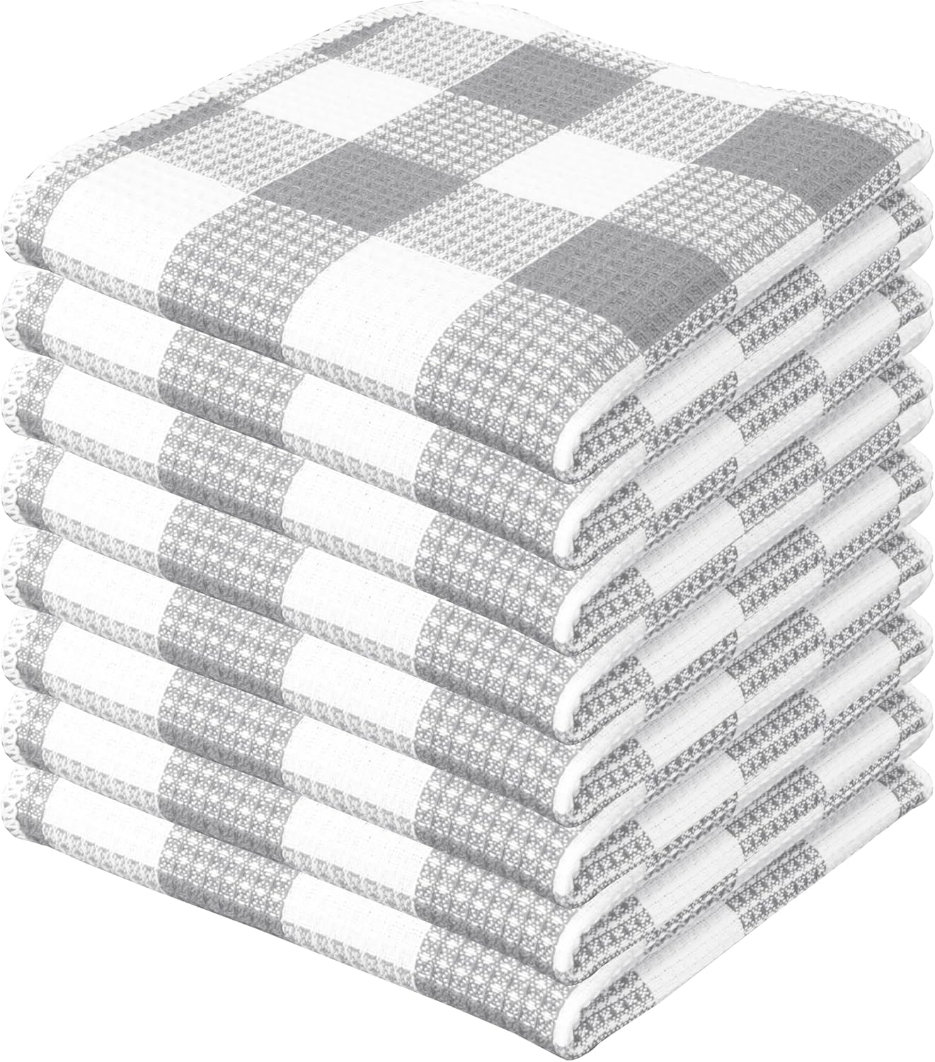 PurpleEssences Waffle Weave Plaid Dish Cloths, 100% Cotton - 12 x 12 Inches, Ultra Soft Absorbent Quick Drying Dish Towels Buffalo Check Dish Rags for Kitchen, 8 Pack - Spring Summer - Grey & White