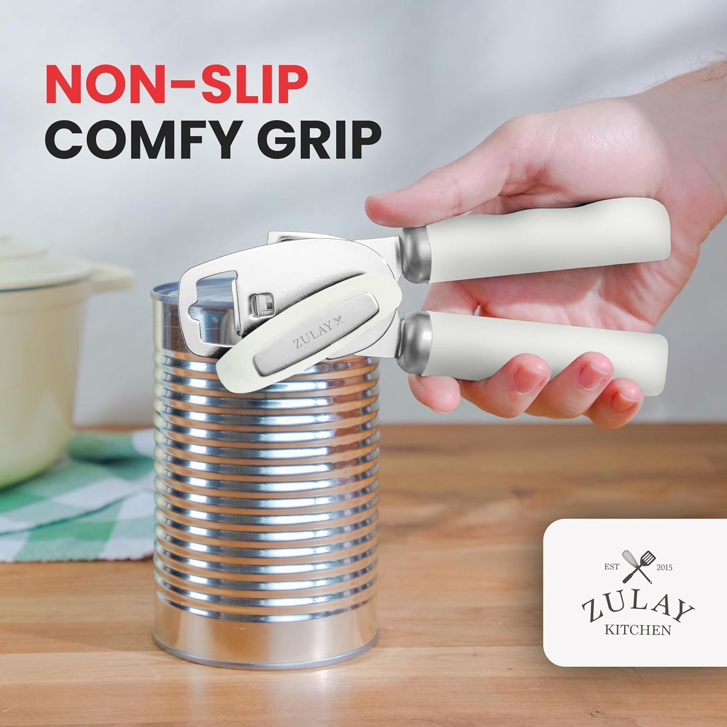 Zulay Kitchen Heavy Duty Stainless Steel Can Opener Manual with Bottle Opener - Rust Proof Manual Can Opener With Turn Knob & Soft Grip Handles