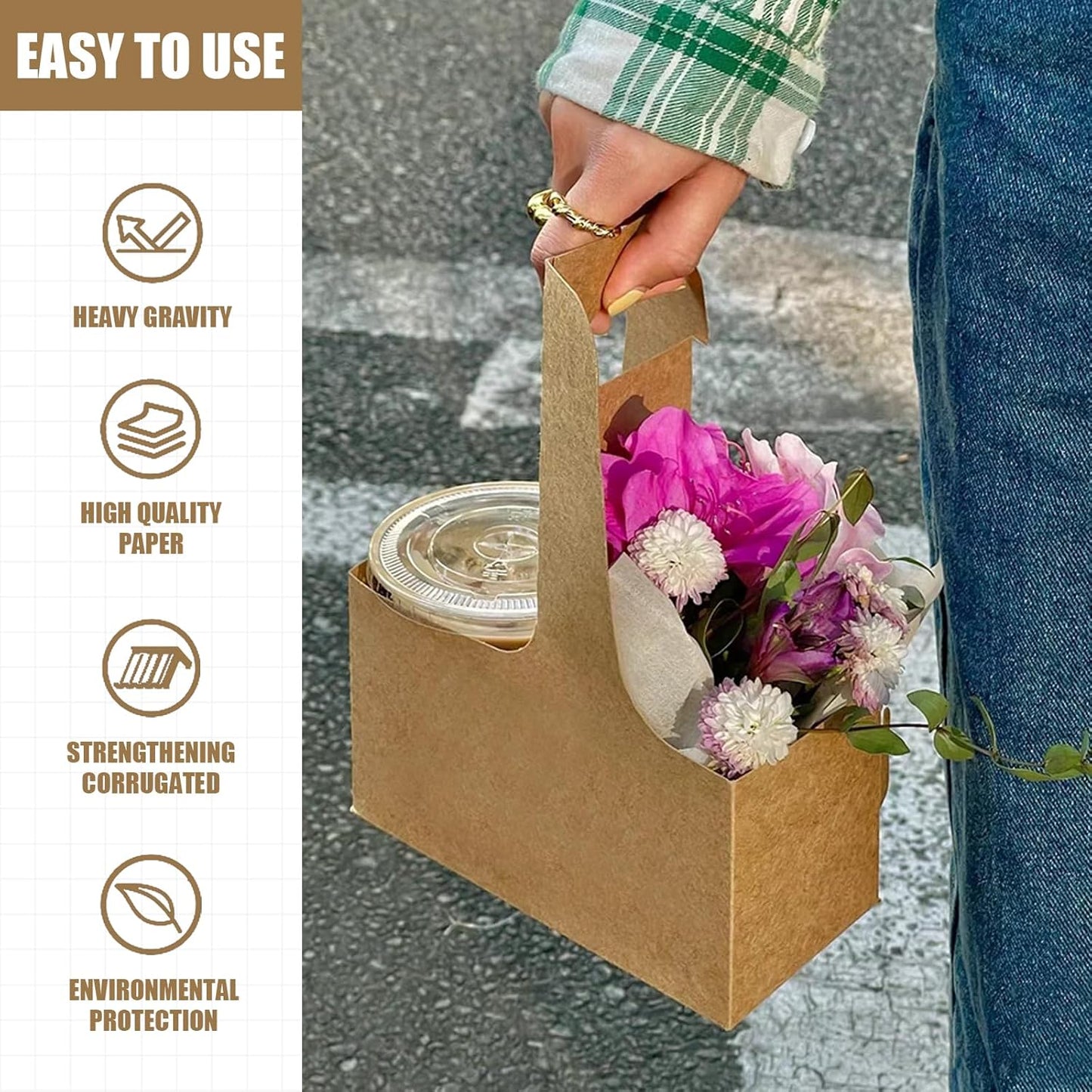 2 Cup Disposable Drink Carrier for Delivery with Handle,15 Count Kraft Paperboard Cup Holder,Cup Carriers for Hot or Cold Drinks,Coffee Carrier, Food Delivery,Take Out Cup Carriers (Brown, 15 PCs)