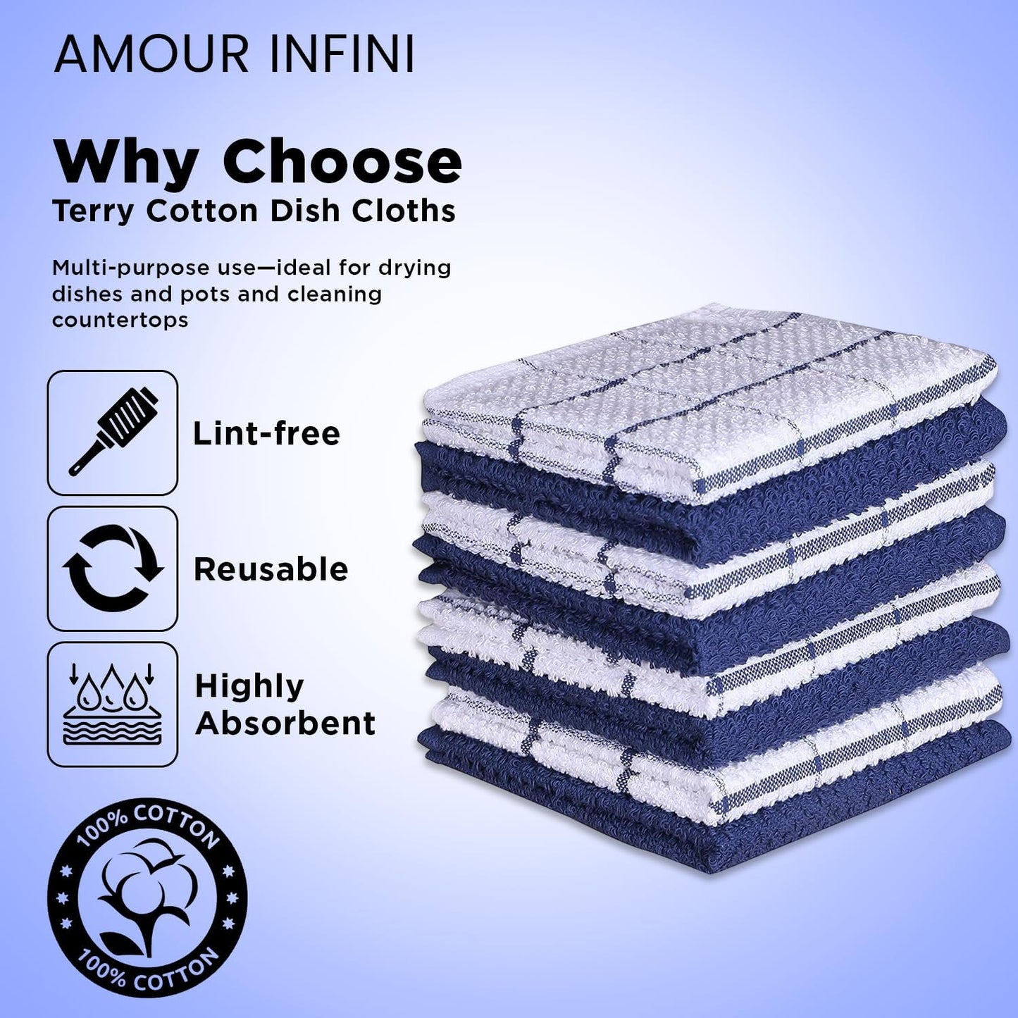 AMOUR INFINI Cotton Kitchen Dish Cloths Set of 8 – Highly Absorbent, Super Soft Premium Terry Cleaning Cloth (12"x12" Inch) Premium Dishcloths for Washing Dishes (Blue)