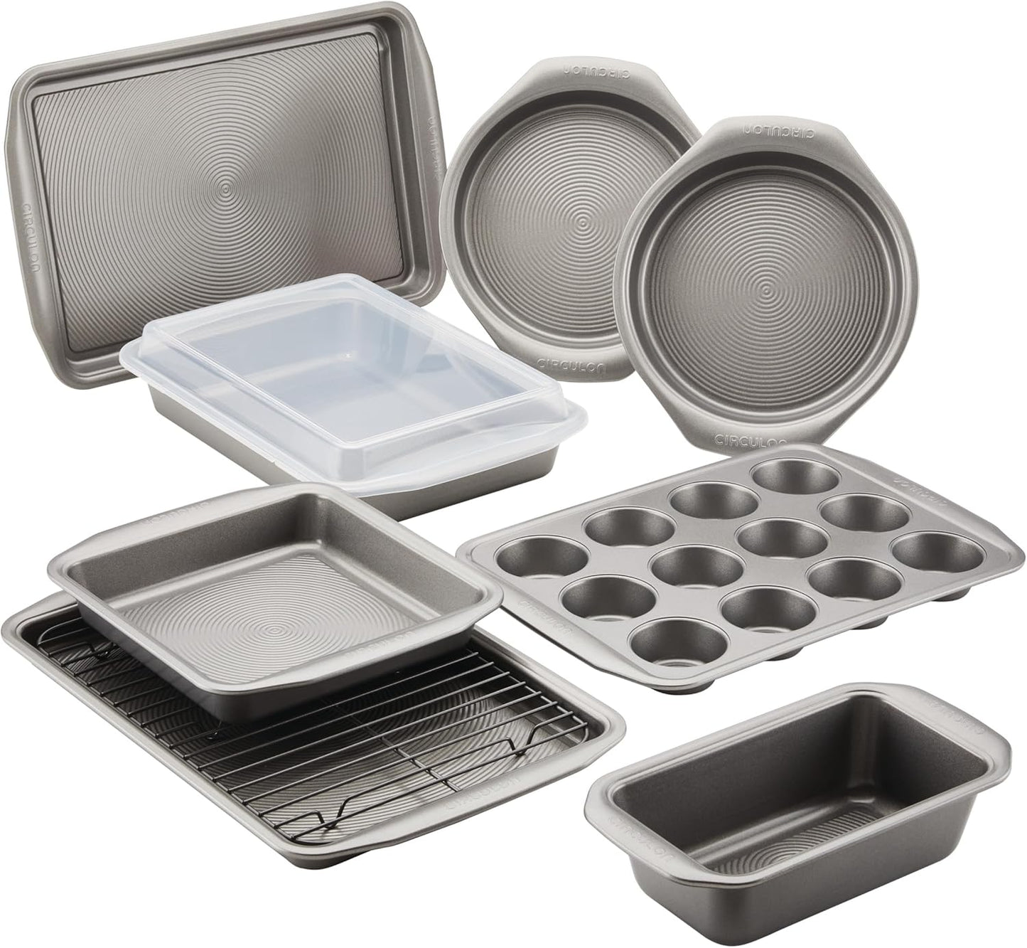 Circulon Nonstick Heavy Gauge Steel Bakeware Set with Rolled Pan Edges Loaf Pan, Cookie Pan, Baking Pans, Cake Pans, Muffin Pan and Cooling Rack (10-Piece, Gray)