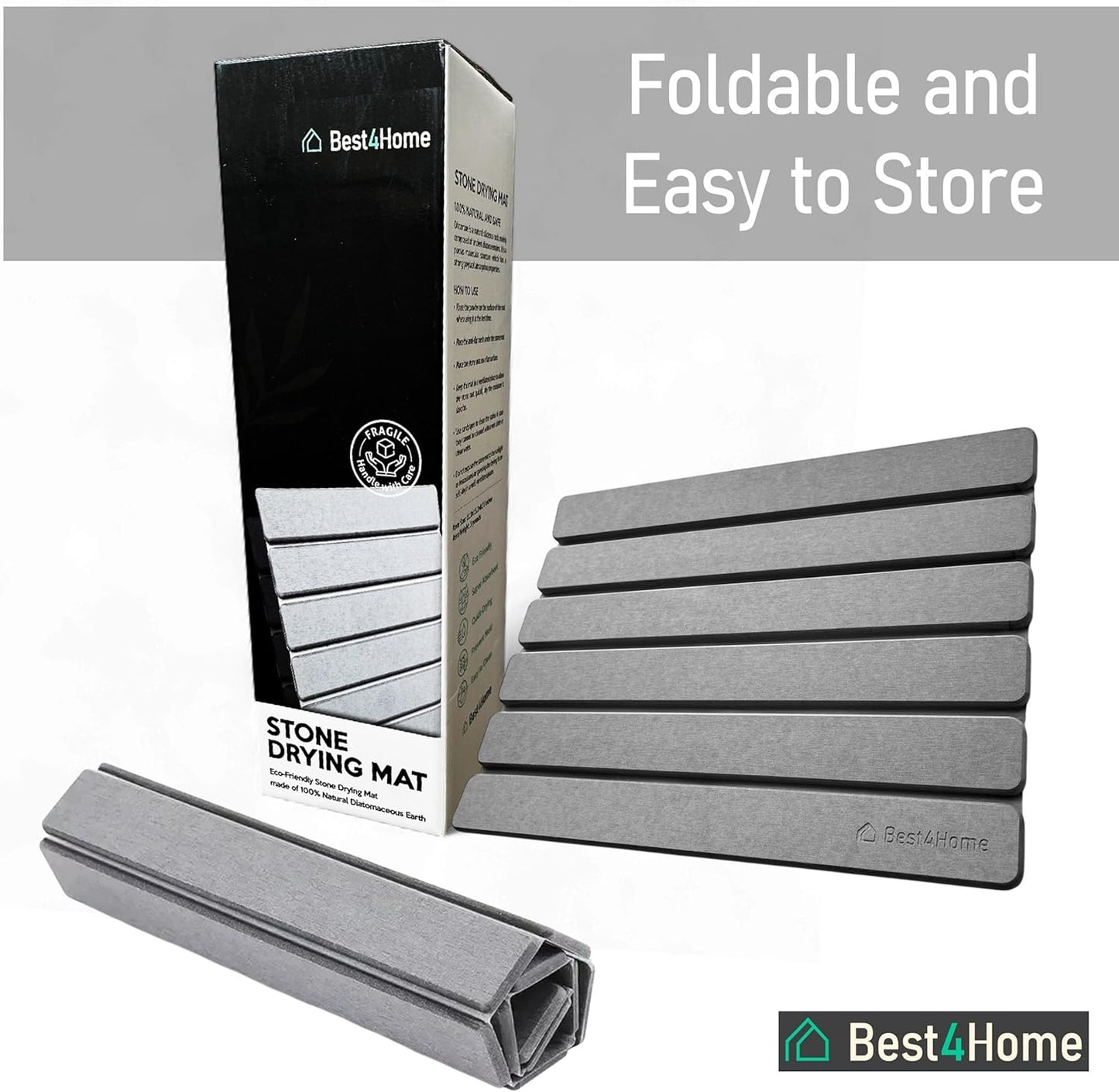 Stone Drying Mat for Kitchen Counter - Grey 12x16In Dish Drying Mat - Foldable Diatomite Stone Dish Rack - Absorbent Diatomaceous Earth Non-Slip Tray for Bathroom