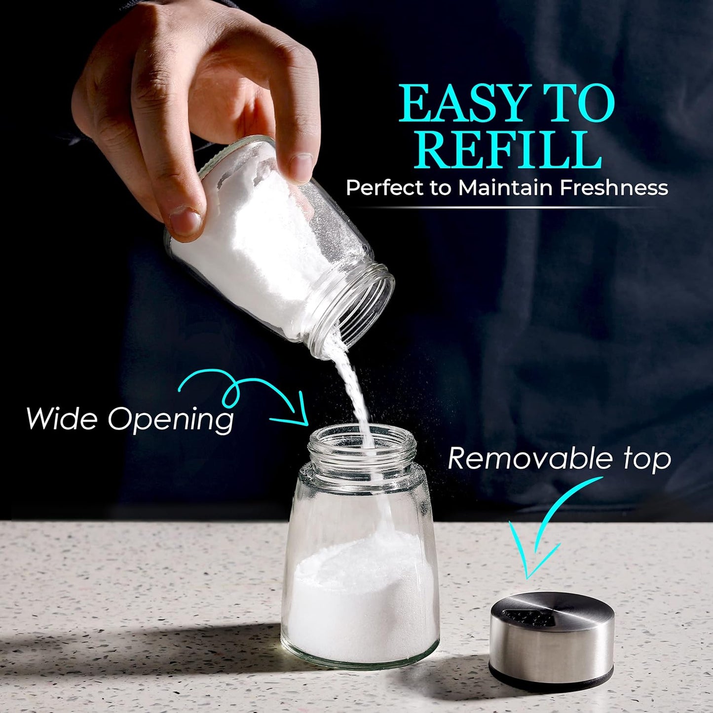 Salt and Pepper Shakers Set with Adjustable Pour Holes - Stainless Steel Spice Dispenser - Perfect for Pink Himalayan, Table Salt, Black and White Pepper