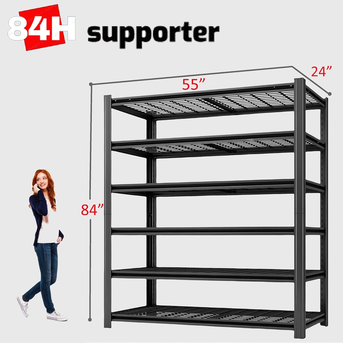 6 Tier Metal Shelving Unit, Adjustable Storage Shelves, 84" H x 55" W x 24" D Heavy Duty Garage Shelves for Warehouse, Basement, Kitchen, Pantry, Living Room, Black (6T 84 * 55 * 24)