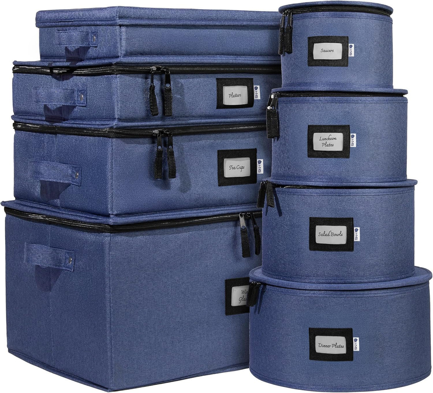 Hard Shell China Storage Containers 8-Piece Set Moving Boxes for Dinnerware, Glasses, Plates, Mugs and Saucers Sturdy Dish Organizer with Dividers for Seasonal Storage - Service for 12 - Denim Blue