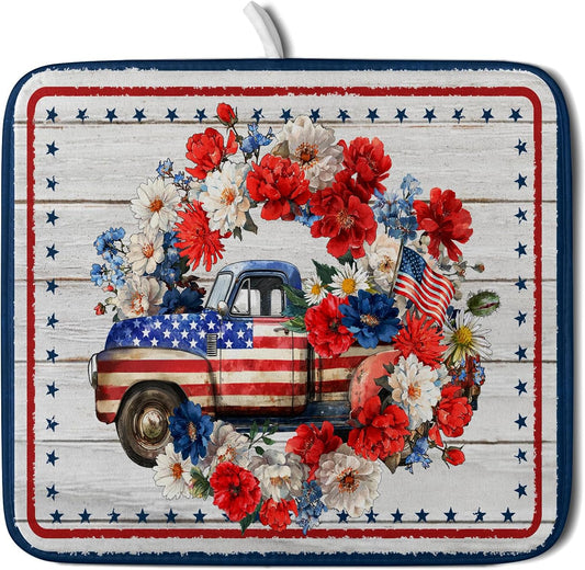 American Flag Dish Drainer Mat Flowers Absorbent Dish Rack Pad for Kitchen Coffee Bar Sinks