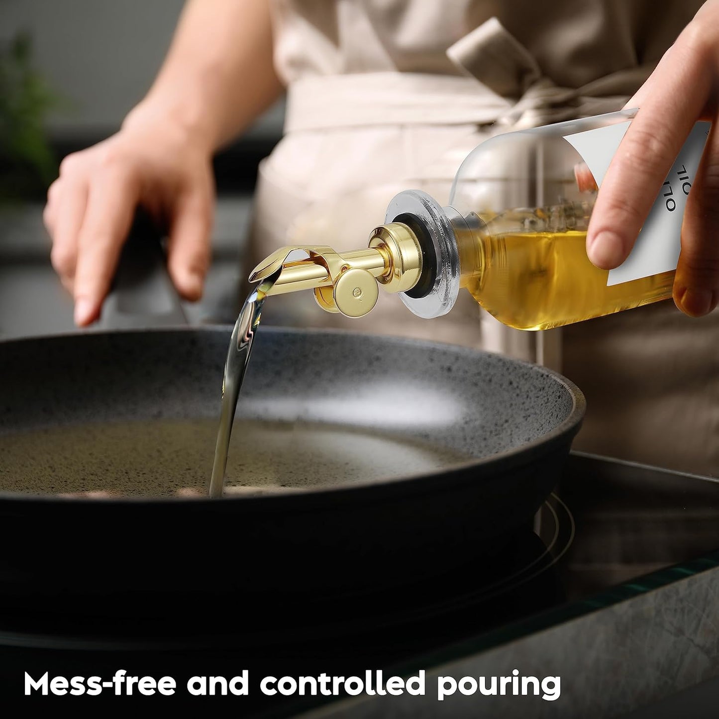 Olive Oil Dispenser Bottle - Includes 55 Kitchen Essential Labels - Cooking Oil Bottles for Kitchen, Coffee Syrup Dispenser - Pourer Spout with 11.8 fl oz Glass Container Cruet - 2pcs, Gold