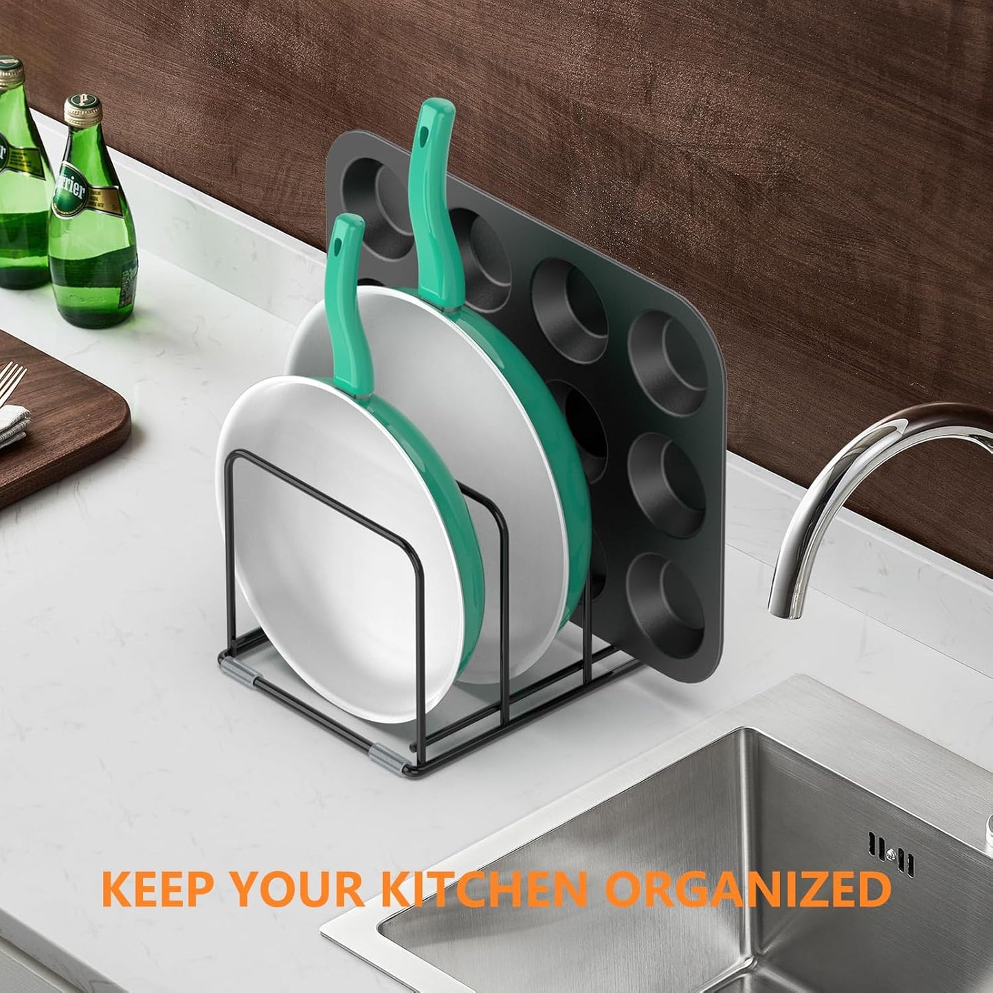 Kitchen Cabinet Organizer, 2PSC Steel Cookware Holder, Divided Holder with 3 Slots for Skillets Baking Tray and Chopping Board Rack - Pan Holder Storage (2.2 Inch Width Slots)