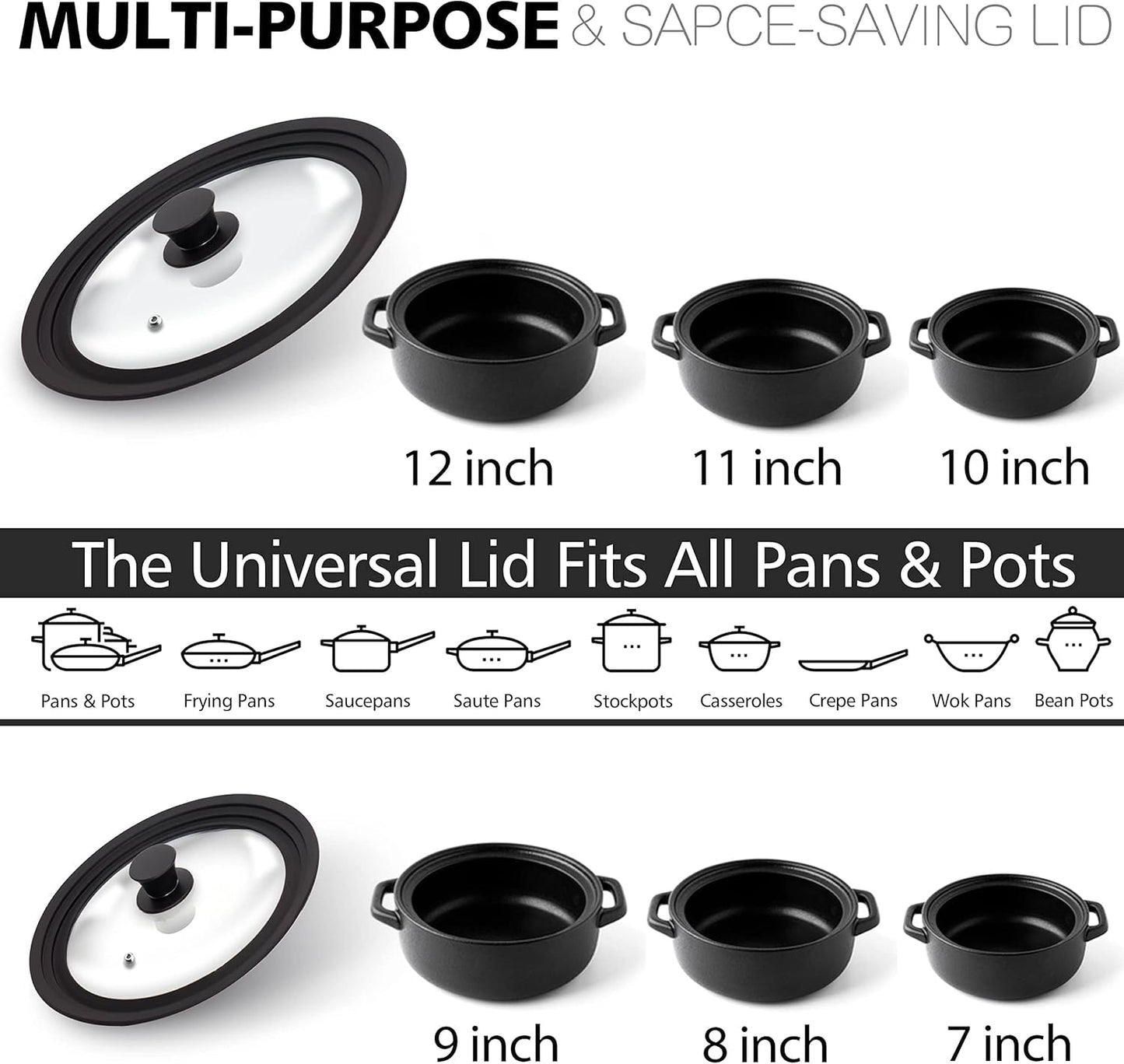 Anaeat Silicone Universal Lid for Pots, Pans and Skillets - Tempered Glass Covered with Heat Resistant Silicone Rim Fits All 7" to 12" Diameter Cookware -Easy to Use Replacement Frying Pan Cover