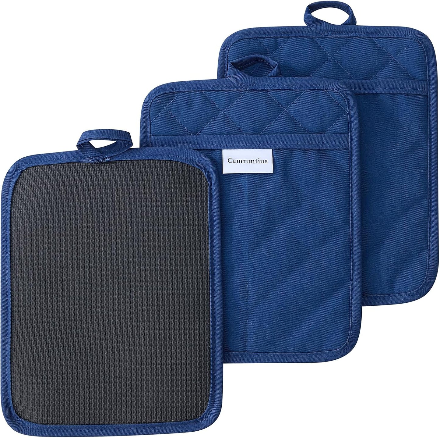 Kitchen Pot Holders, 7"x9", Rectangular with Pocket, Cotton and Neoprene Heat-Resistant Potholders for Cooking and Baking, Machine Washable, 3-Piece Set (Navy Blue)