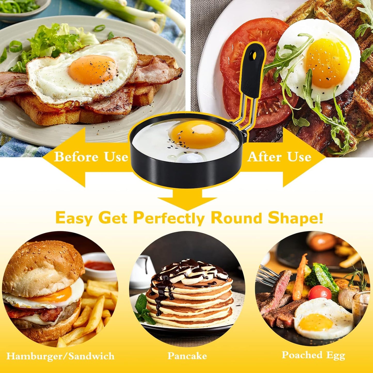 3.5'' Egg Rings with Silicone Handle, Stainless Steel Egg Cooking Rings，Nonstick，For Frying Eggs and Egg Mcmuffins, Egg Mold For Breakfast