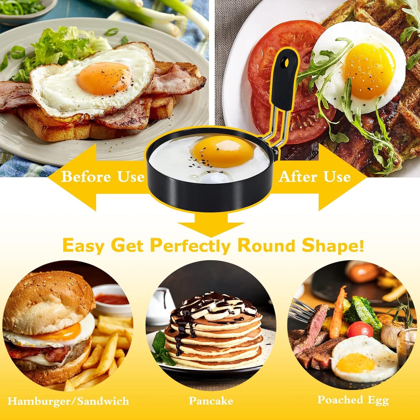 4'' Round+Square Egg Rings Set with Silicone Handle, Stainless Steel Egg Cooking Rings，Nonstick，For Frying Eggs and Egg Mcmuffins, Egg Mold For Breakfast