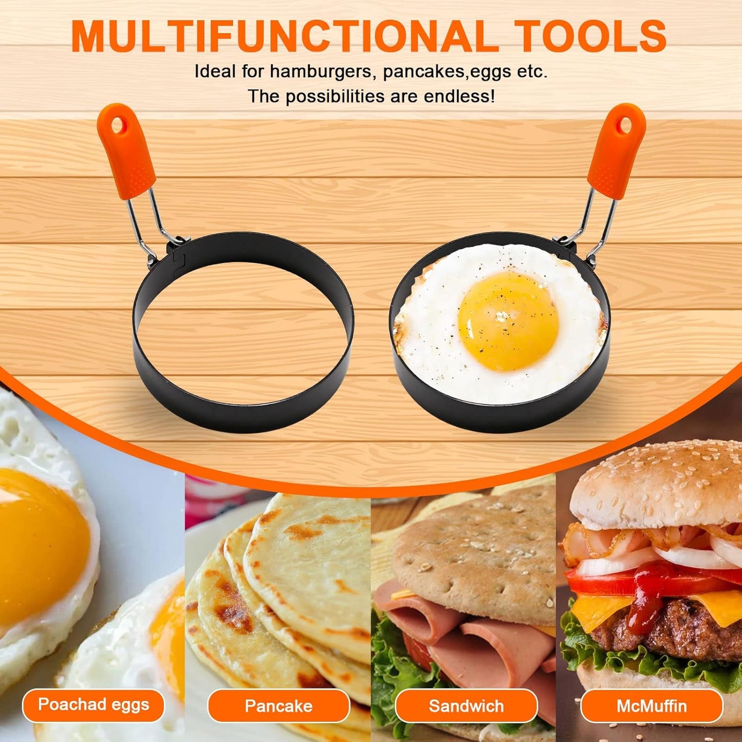 6Pcs Egg Ring Pancake Ring Stainless Steel Omelet Molds Set, Pancake Shapers with Silicone Handle for Breakfast Used to Make Pancakes, Sandwiches, Burgers (Round Style,4 Inch, 6 Inch, 8 Inch)