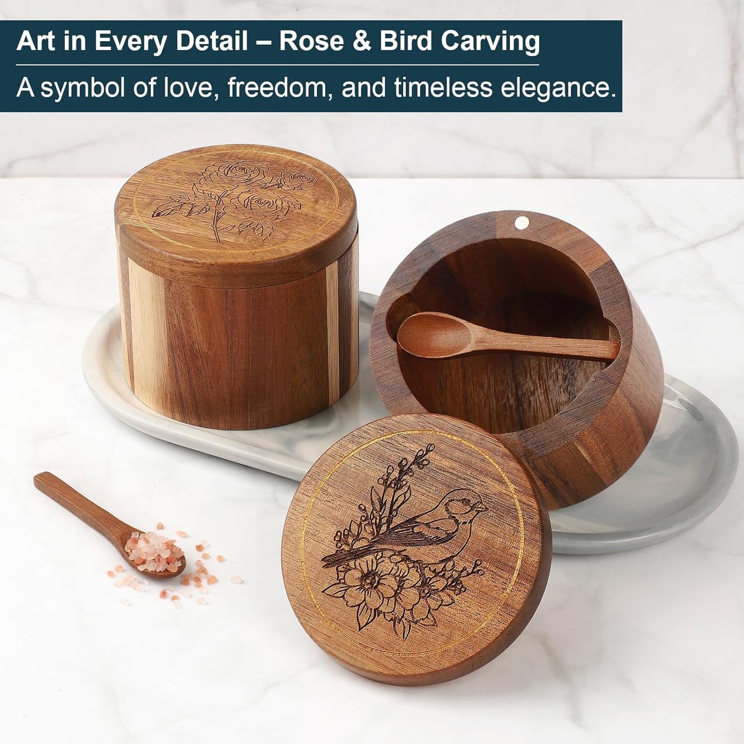 Salt Cellar, 2PCS Salt Container Acacia Wood Salt and Pepper Box for Countertop with Built-in Spoon & Swivel Lid, Wood Salt Holder Bowl for Kitchen, Seasoning Storage (Rose & Bird Engraving)