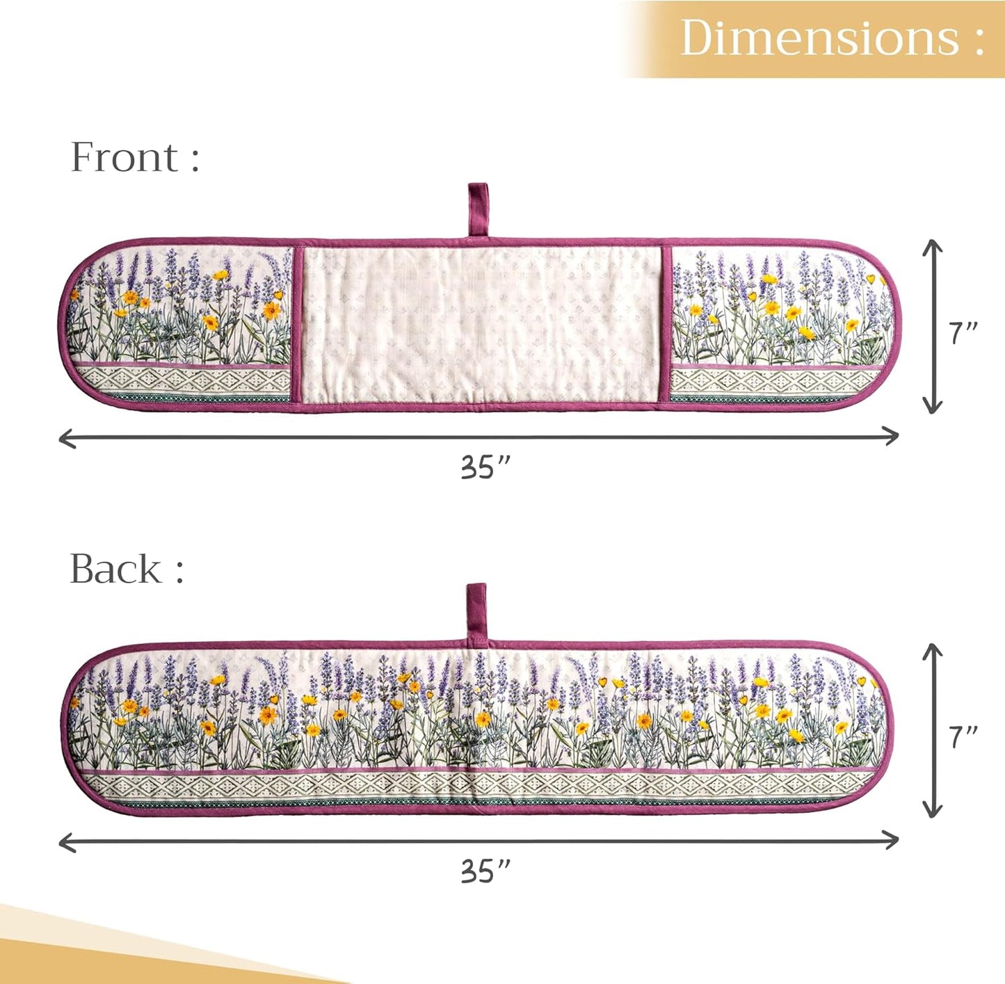 Maison d' Hermine Double Oven Mitts 100% Cotton 7"x35" Double Oven Mitt Heat Resistant BBQ Cooking Gloves with Loop, Baking, Grilling, Home, Kitchen, Handling Hot Pans Spring Summer (Fanny Lavender)