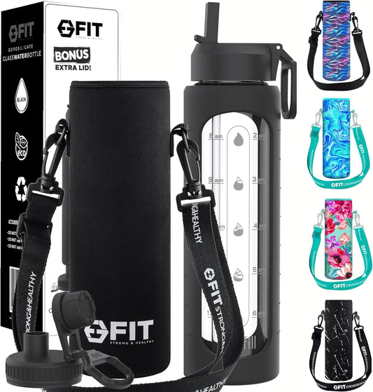 FIT Strong & Healthy 32 oz Glass Water Bottle with Straw Lid, Time Marker, Sleeve & Extra Lid - Motivational, Wide Mouth 1 Liter Glass Drinking Bottle