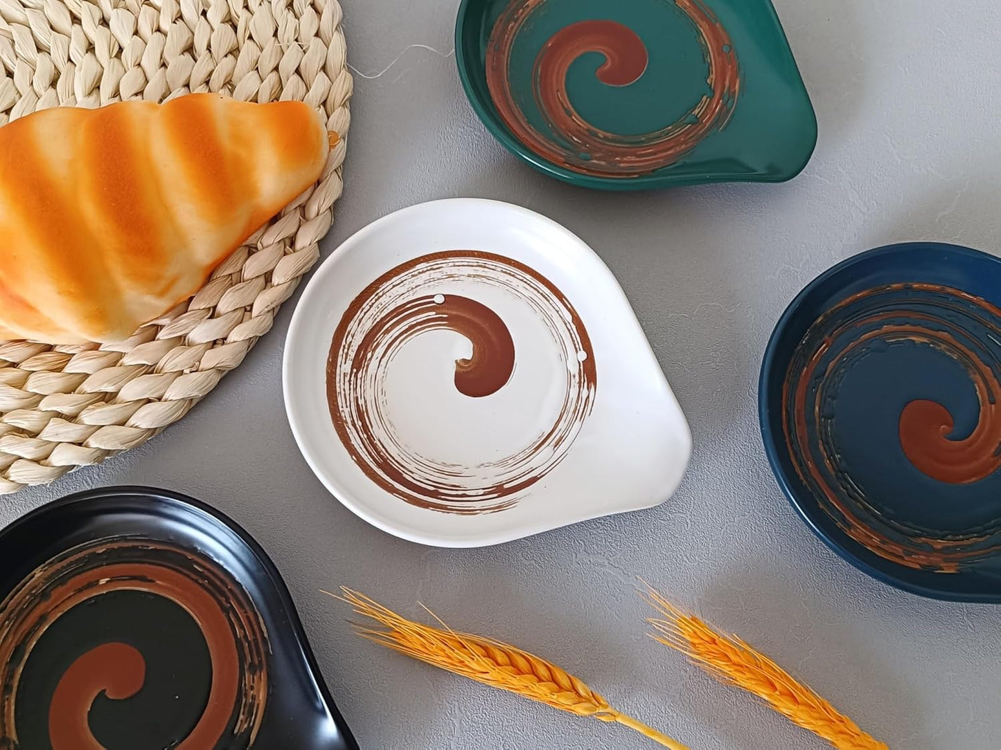 Ceramic Spoon Rest for Stove Top, Hand Painted Brown Swirl Spoon Rest for Kitchen Counter, Retro Cooking Spoon Holder for Kitchen Counter, Utensil Rest for Spatula Ladle or Tong (White)