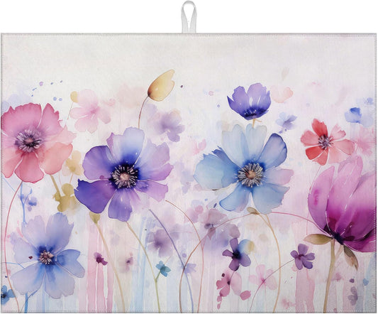 Watercolor Flowers Dish Drying Mat for Kitchen Counter Microfiber Absorbent Dish Kitchen Drying Mat Draining Reusable Washable for Dishes/Utensils/Counterto