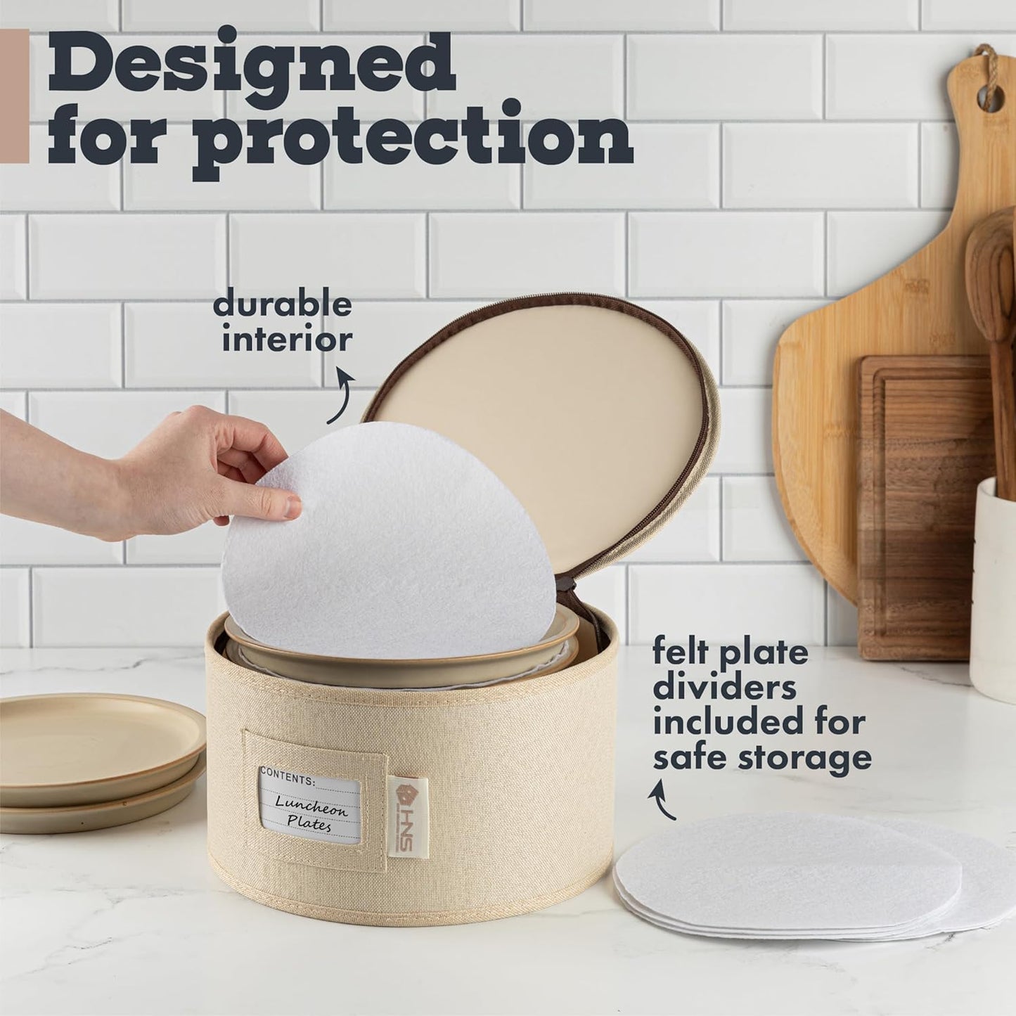 Hard Shell China Storage Containers 5-Piece Set Moving Boxes for Dinnerware, Glasses, Plates, Mugs and Saucers Sturdy Dish Organizer with Dividers for Seasonal Storage - Service for 12 - Beige