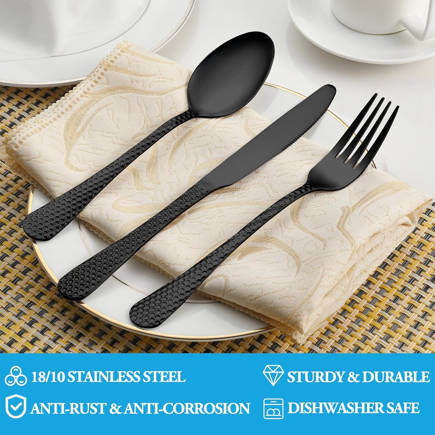 30 Pcs Black Hammered Silverware Set Service for 6,Stainless Steel Flatware Set,Mirror Polished Cutlery Utensil Set,Durable Kitchen Eating Tableware Set,Include Fork Knife Spoon Set,Dishwasher Safe