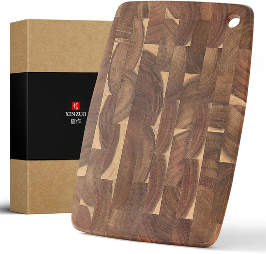 XINZUO Small Acacia Wood End-Grain Kitchen Cutting and Serving Board, for Kitchen, 14" x 9" Reversible Wooden Chopping Board for Meat, Cheese, Fruit & Vegetables,Easy to Clean(Rectangular)