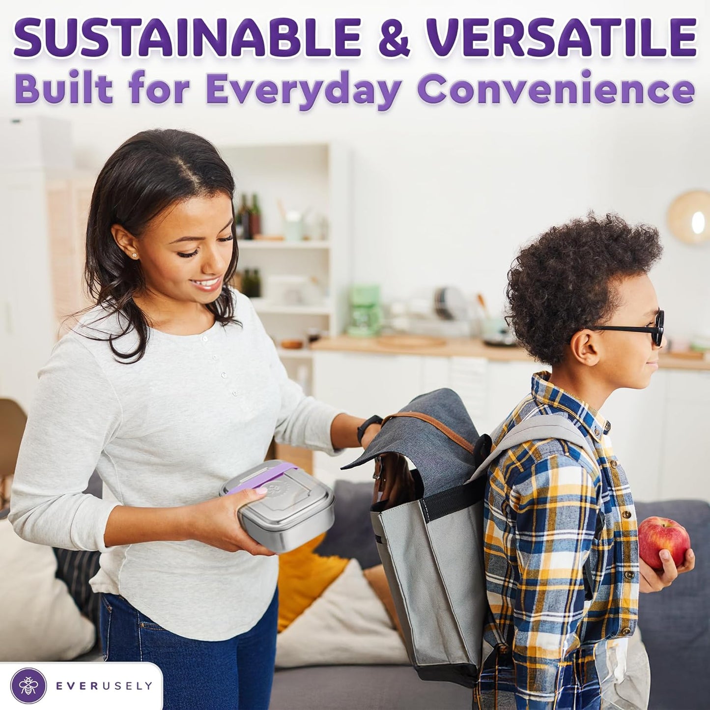 Everusely - Bento Box - Lavender, 37oz / 1.1 L - Stainless Steel Lunch Box with Leakproof Condiment Container - 3 Compartment Snack Organizer for On the Go Meals - Freezer & Dishwasher Safe