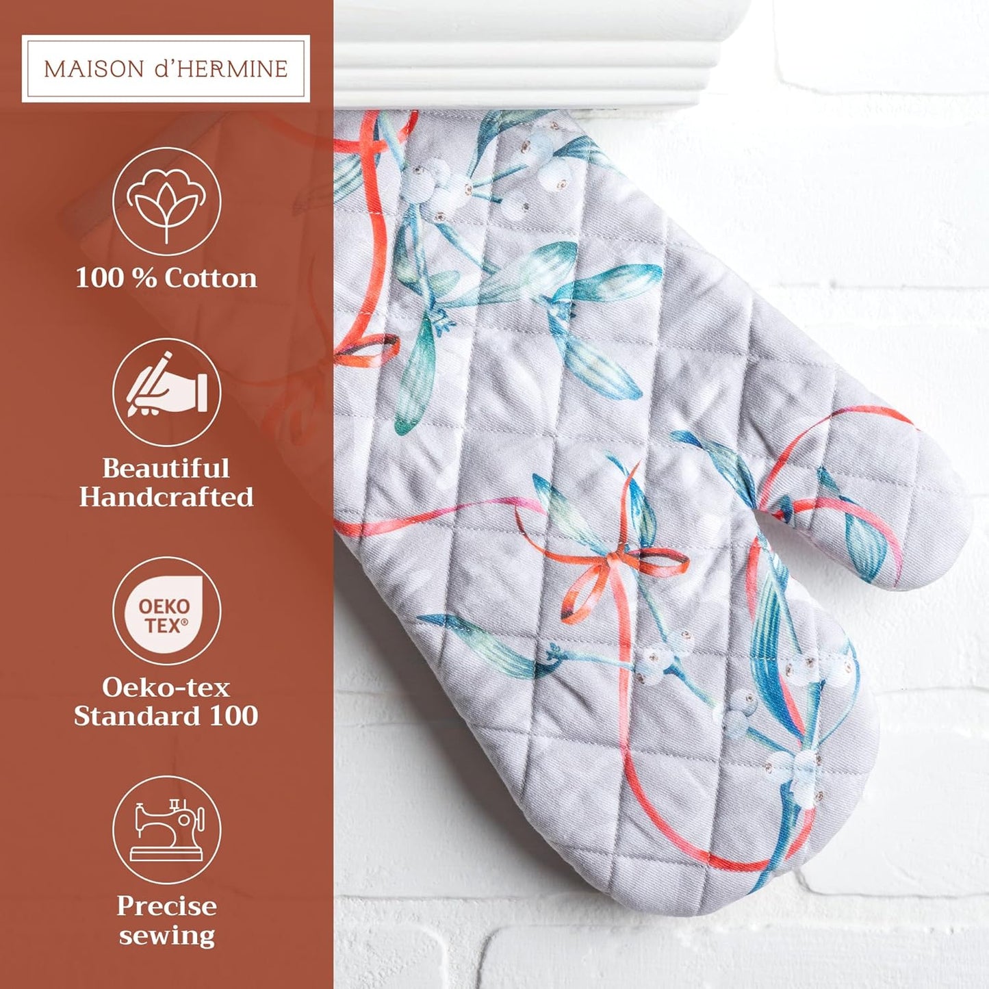 Maison d' Hermine Oven Gloves 100% Cotton Oven Mitt 7" x 13" with Loop Heat Resistant, BBQ, Cooking Gloves, Baking, Grilling, Kitchen, Handling Hot Pans (Pack of 1, Enora)