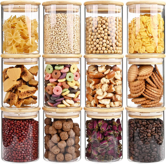 17oz Glass Food Storage Jars, Glass Jars with Bamboo Lids, Kitchen Storage Jars, Set of 12, Canisters with Airtight Lids for Spice, Coffee, Cookie, Pantry Organizers