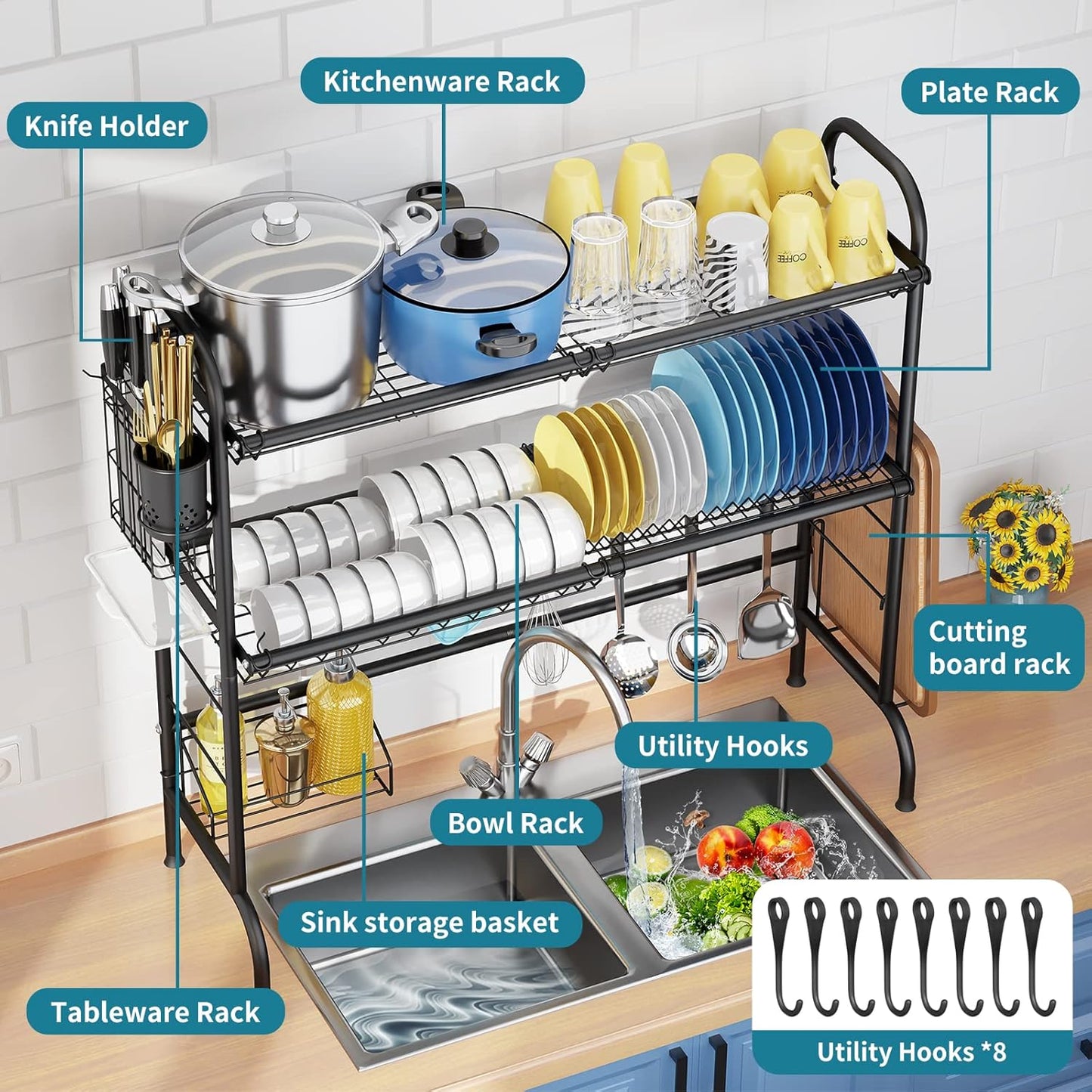 HOWDIA Over The Sink Dish Drying Rack, 3-Tier Stainless Steel Large Over The Sink Dish Rack with Utensil Holder Dish Drainers for Kitchen Counter