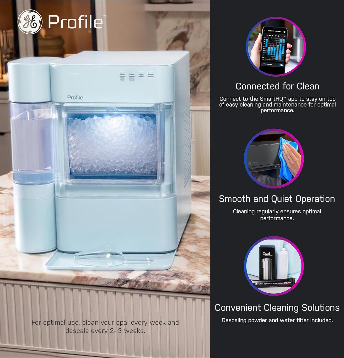 GE Profile Opal 2.0 XL with 1 Gallon Tank, Chewable Crunchable Countertop Nugget Ice Maker, Scoop Included, 38 lbs in 24 Hours, Pellet Ice Machine with WiFi & Smart Connected, Moonstone Blue