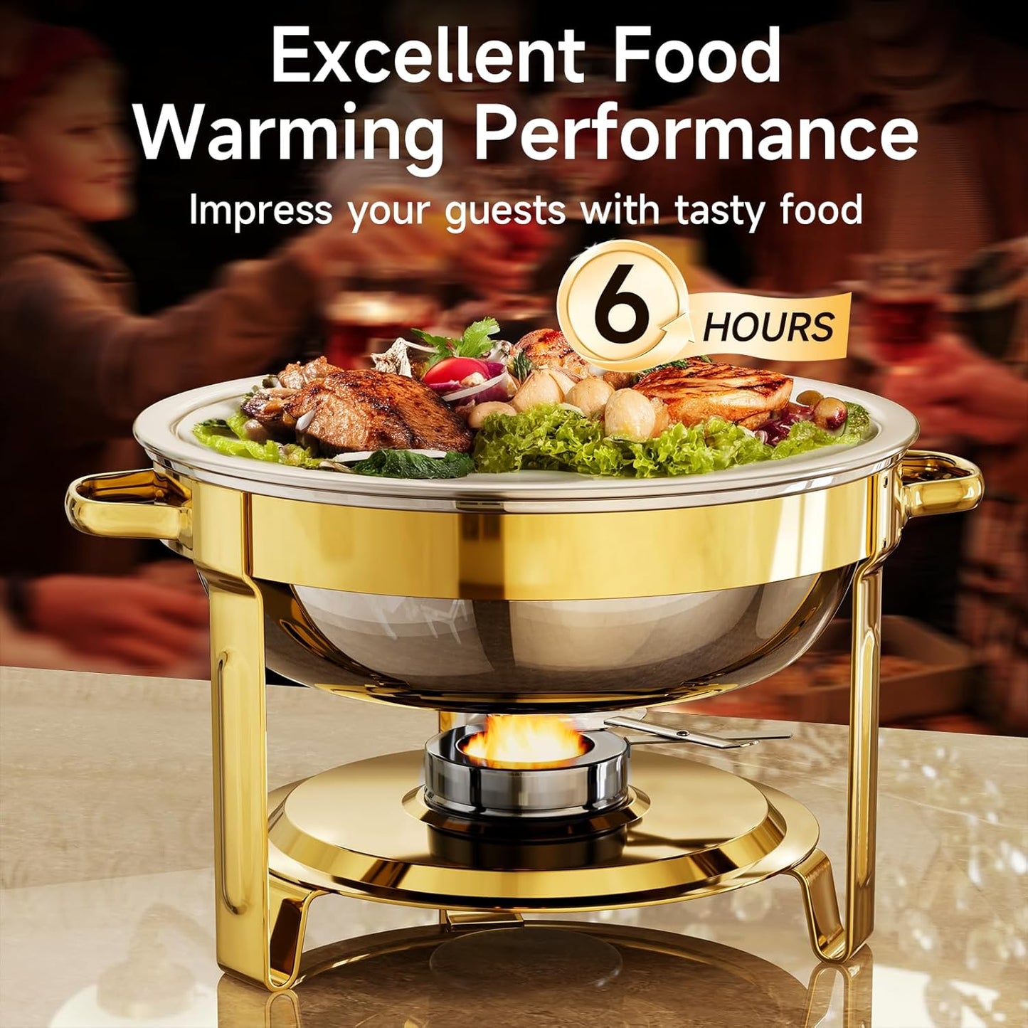 Chafing Dishes for Buffet, 4 Pack 5QT Round Stainless Steel Chafing Dish Set for Home Parties, Christmas Gatherings, Catering Events Complete Buffet Warmer Set (Golden 2)