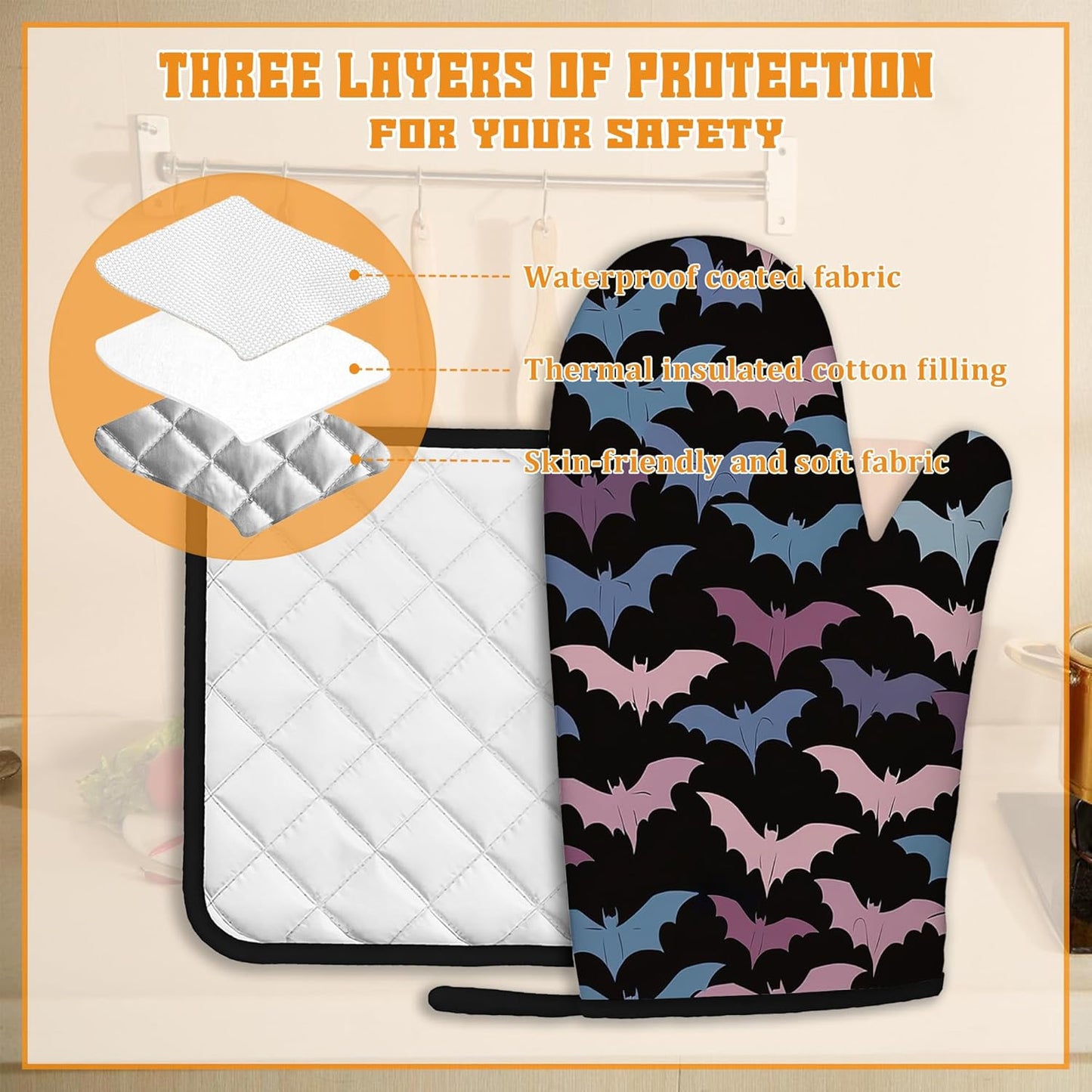 Colorful Bats Oven Mitts and Pot Holders Set,Kitchen Oven Gloves and Pot Holder with Heat Resistant Non Slip for Cooking Baking Grilling(4 Piece Set)