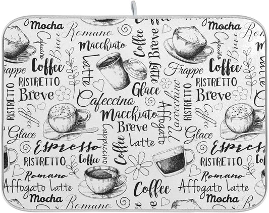 Coffee Cups Print Dish Drying Mat for Kitchen Counter Absorbent Microfiber Drying Pad, Large 18x24 in, Reversible Drainer Mats