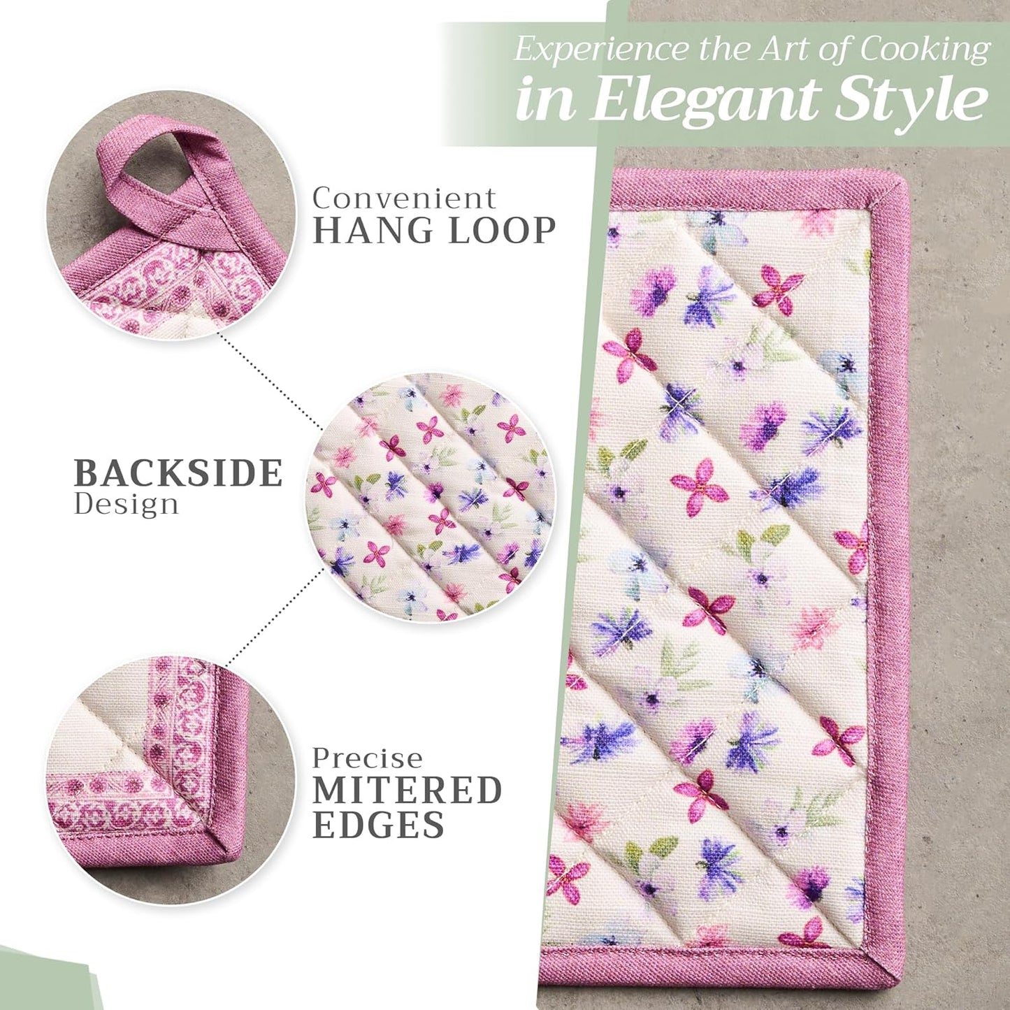 Maison d' Hermine Pot Holders Set 100% Cotton Heat Resistant Potholders 8" x 8" Hot Pads with Loop BBQ, Cooking, Baking, Grilling, Kitchen, Handling Hot Pans Spring/Summer (Pack of 2, Chardon)