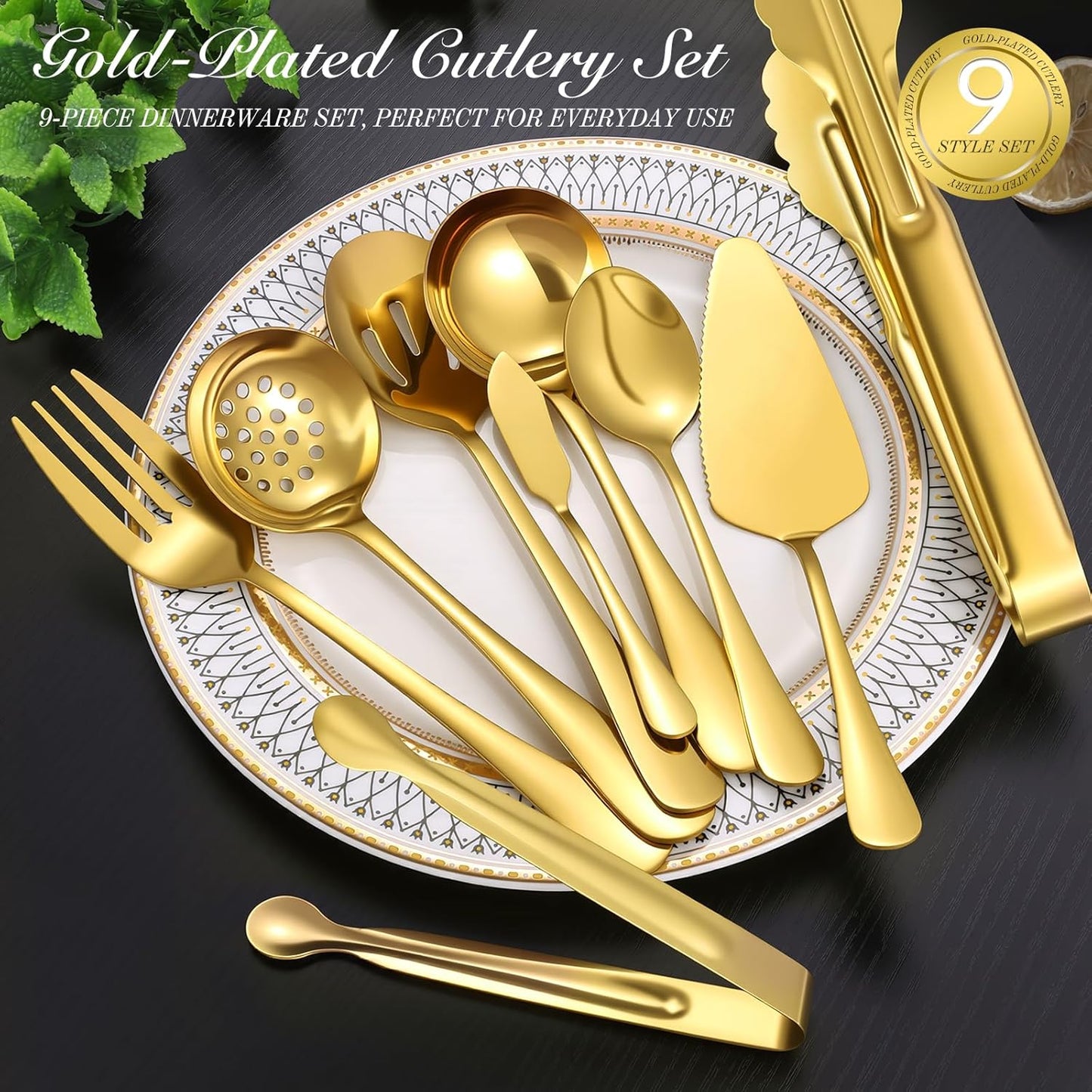 Gold 17 Pieces Serving Utensils Include Large Serving Spoons,Slotted Serving Spoons,Serving Forks,Serving Tongs,Appetizers Tongs,Soup Ladle and Pie Cake Server for Buffet Catering (Gold, 17 Pcs)