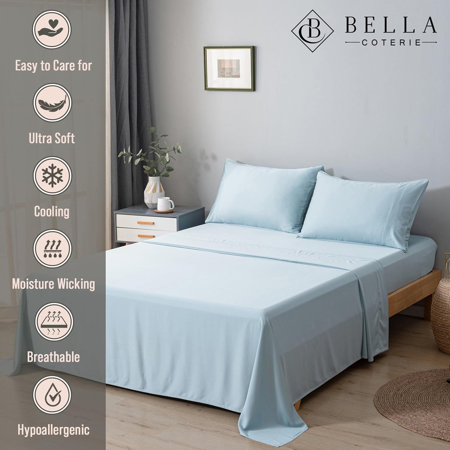 Bella Coterie Luxury Bamboo Viscose Split King Size Sheet Set | 100% Organically Grown | Ultra Soft | Cooling for Hot Sleepers | 18" Deep Pocket [Coastal Blue]