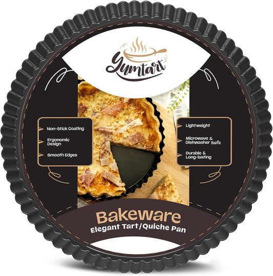 9 Inch Tart Pan with Removable Bottom – Non-Stick Deep Fluted Quiche and Pie Pan, Carbon Steel Loose Bottom Tart Pan, 9.5 Inch Top / 9 Inch Base, 1.1 Inch Deep Baking Pan