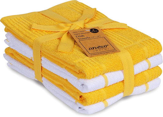 AMOUR INFINI Kitchen Towels Pack of 4 Absorbent, Quick Drying Premium Terry Cotton Dish Towel with Hanging Loop 16x28 Inch Hand & Tea Towels (Yellow)