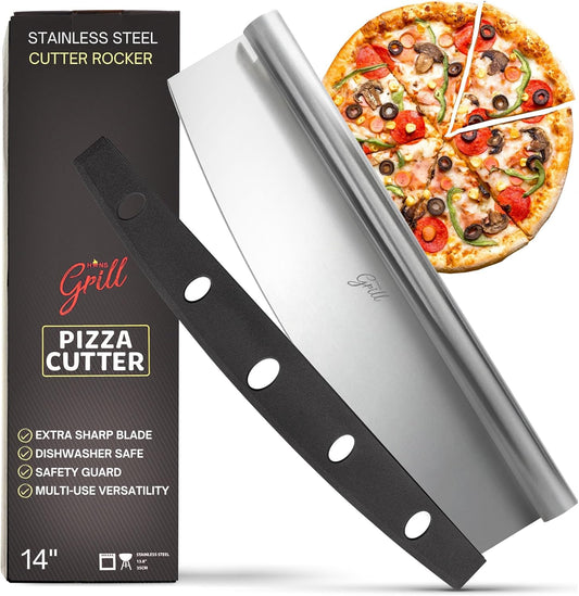 Pizza Cutter Rocker Blade By Hans Grill 14" Large Pizza Slicer Sharp | Stainless Steel Rocking Pizza Knife Cutter | Professional Nonstick Pizza Cutter Rocker Knife With Safety Cover | Dishwasher Safe